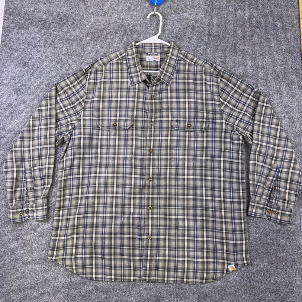 Carhartt Mens 2XL Plaid Button Down Shirt Gray Blue Long Sleeve Workwear Pocket